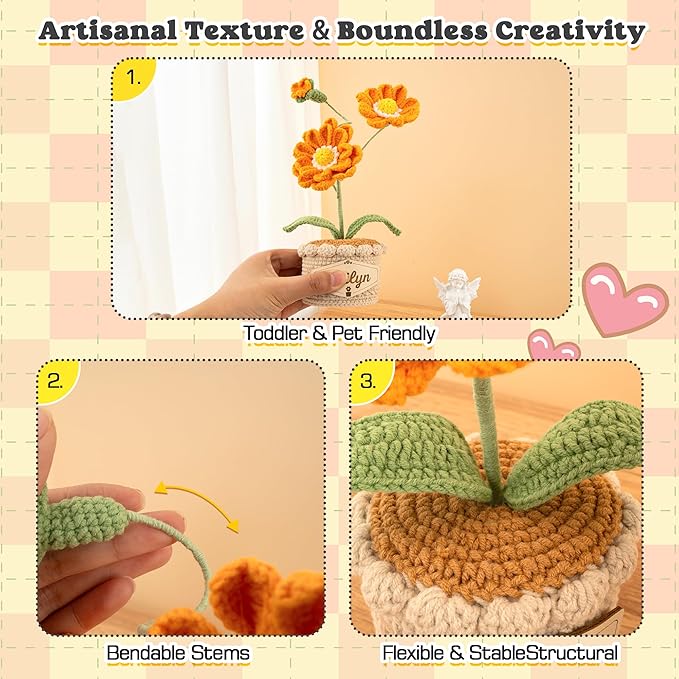 Crochet Flowers with Personalized Leather Name Tag Handmade Knitted Flowers for Home Office Desk Decor Crochet Zinnia Potted Plant for Women Crochet Everlasting Flower Birthday Gifts(Orange)