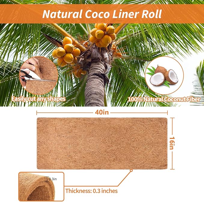 Legigo 16X40 Inch Natural Coco Liner Roll, Coconut Liners for Planter Window Box Hanging Basket, Coconut Coir Roll Coco Fiber Mat for Garden Decoration DIY Moss Poles Pet Pad Reptiles Carpet