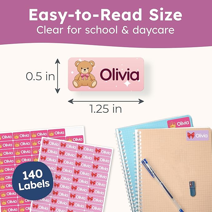 Personalized Name Labels for Kids (140 Labels) - Durable & Waterproof Custom Name Stickers for Clothing Tags, School Supplies, Camp & Daycare - Rainbow (1.2”x0.5”)