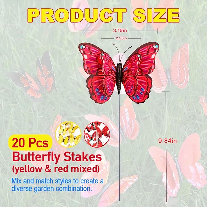 3D Butterfly Stakes,20PCS Butterfly Garden Stake Decor for Flower Bouquet Outdoor Indoor Yard Art Patio Plant Pot Flower Bed Home Décor,Butterfly Plant Stakes with Bendable Stick(Yellow&Red)