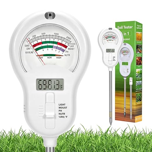 6-in-one Soil Test Kit-Soil Moisture Meter/PH Meter/Fertility/Sunlight Intensity Soil Tester, LCD Air Hygrometer&Temperature Moisture Meter for Plants-Garden, Lawn,Farm,2 Pack Detachable Probe
