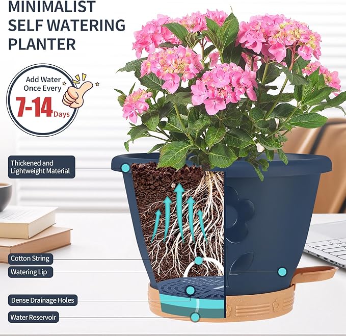 gegemaoyi Plastic Plant Pots 10 Inch Set of 4, Self Watering Pots with Drainage Holes, Saucer & Reservoir, Flower Pots for Indoor/Outdoor Plants, Decorative Nursery Planting Pots (Multicolor)