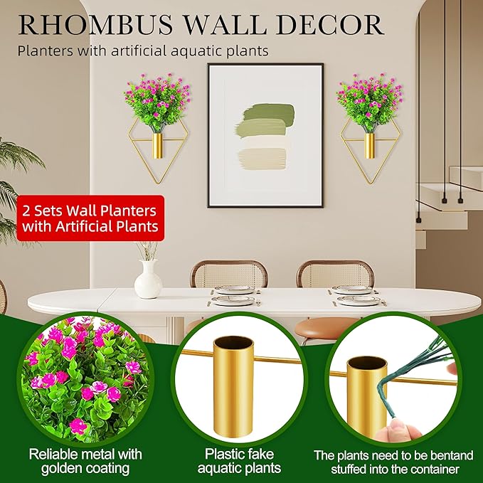 2 Pack Wall Decor Hanging Planters with Artificial Plants Metal Hanging Vase Indoor Plants Holder Modern Boho Wall Art for Bathroom Bedroom Living Room Office (Gold Eucalyptus)