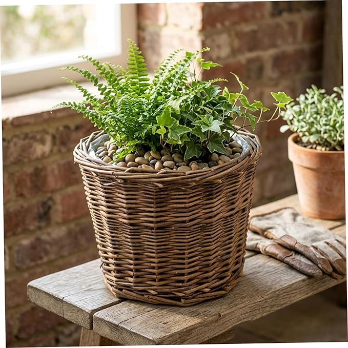 Wicker Planter Basket with Waterproof Liner - Handwoven Natural Brown Willow Plant Basket for Indoor Plants, Home Decor, and Garden Decor (6.7x5.5 Inch).