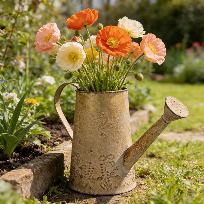 Vintage Distressed Gold Flower & Garden Watering Can, Decorative Metal Watering Pot Planter for Home Patio Backyard Outdoor Plant Care, Rustic Farmhouse Home Decor Accent