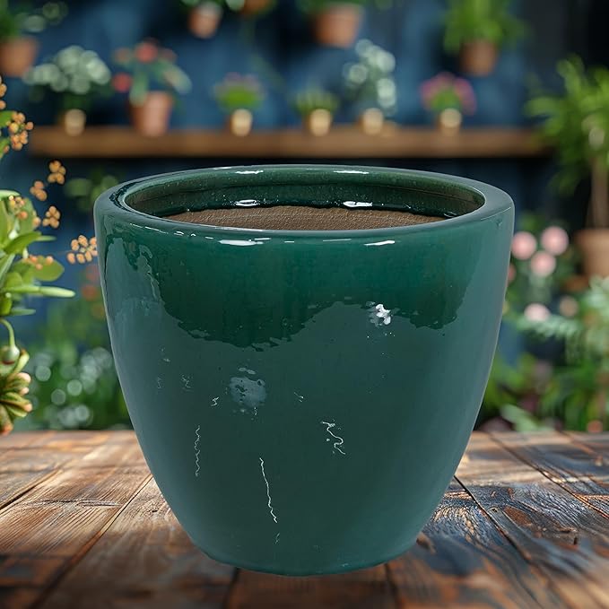 Sunnydaze Large Ceramic Plant Pot - Round Outdoor Glazed Ceramic Planter Pot with Drainage - Resort - Dark Green - 14.5"
