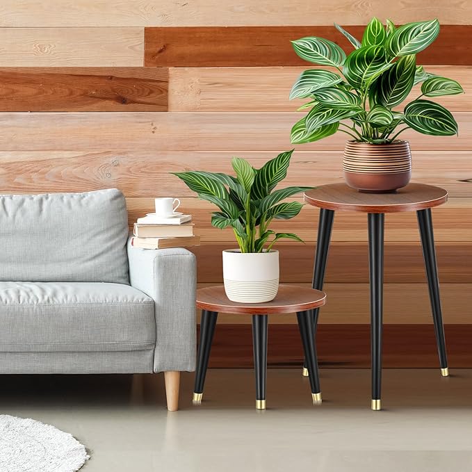 Briwooody 2 Pcs Indoor Plant Stand Mid Century Vintage Wood Modern Flower Pots Holder Round Side Table End Table Plant Stools for Living Room Corner Balcony Decor(Walnut Wood Color)