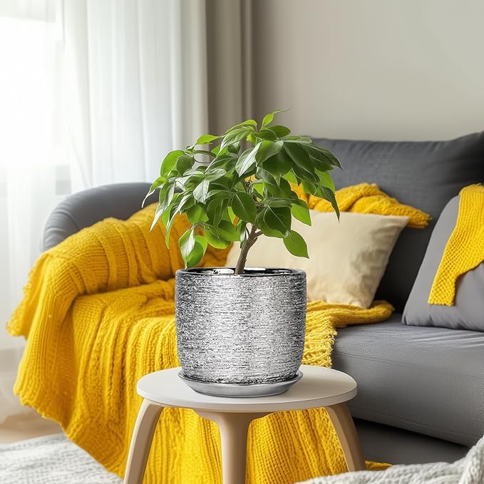 Ceramic Pot for Plants 8 Inch - Ceramic Flower Pot Indoor with Drainage Hole and Saucer, Decorative Round Indoor Planter, Plant Lover Gifts, Patio Home Office House Decor, Silver