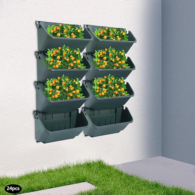 Bacocoo Vertical Garden Planter - 24 Pack, 13 inch Wall Mounted Planter for Patio Outdoor Decor, Home Green Plastic Pot Balcony Plant Vegetable Fruit Herb Hanging Pocket Holder Flowerpot. (Army Green)