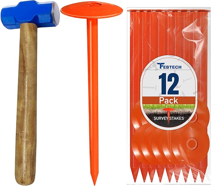 FEBTECH - Septic Tank Marker - 2.7" x 10" - Suitable Property line Markers for Protecting Your Septic Tank and Property Boundary with Solid and Sturdy Survey Stakes - Pack of 12 Pcs + 1 Hammer