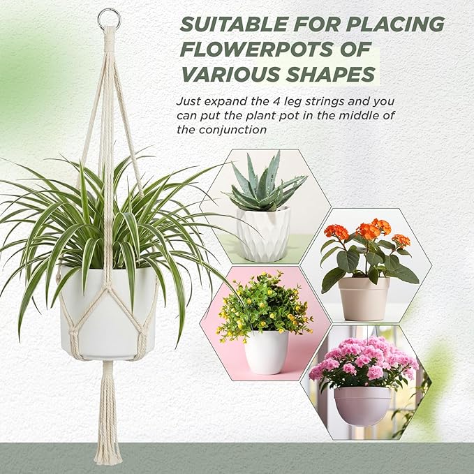 EBOOT 2 Pack 48 Inch Large Macrame Plant Hanger Rope to Hang Flower Pot Plant Holder for Indoor Outdoor Decorations, 4 Legs (Ivory White)