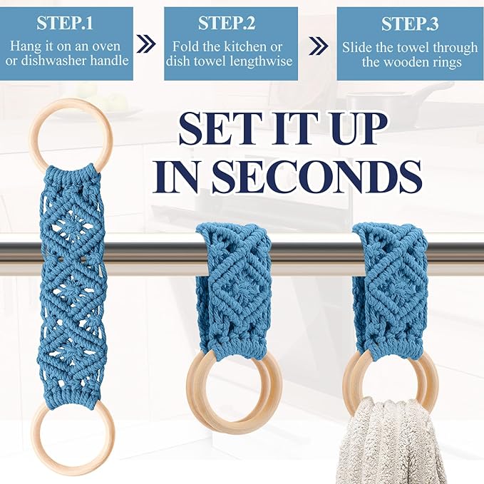 Tioncy 4 Pcs Kitchen Dish Towel Holder Mother's Day Gifts Boho Handmade Crochet Hanging Towels Loop Ring Knit Towel Hanger for Cabinet House Oven Stove Door, 4 Colors(Blue)