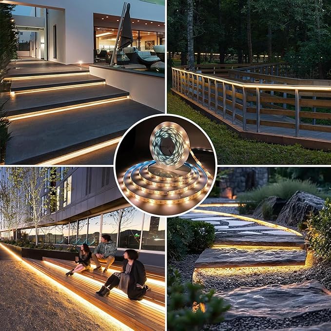 Solar LED Strip Lights Outdoor Solar Powered Rope Light Waterproof 10FT Cuttable Tape Lighting 3000K Warm White with 8 Modes for Fence, Outside, Stair, Step, Yard, Pool, 1 Pack