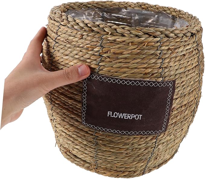 Woven Rattan Flower Basket Planter for Indoor Outdoor Plants, Medium Belly-Shaped Straw Storage Basket with Natural Seagrass, Decorative Plant Pot for Garden and Home Use