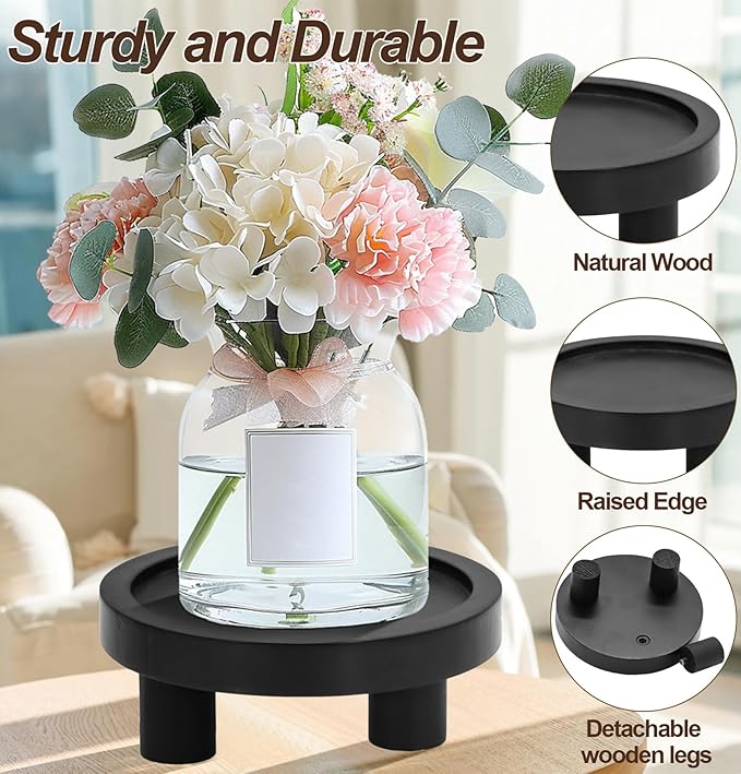 3 Pcs Wooden Risers for Display, Round Wood Riser Plant Stand 5/6/8" Pedestal Stand, Flower Pot Holder Small Planter Tray for Kitchen Home Décor (Black)