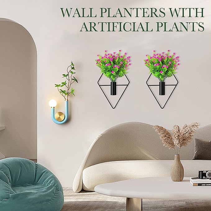 2 Pack Wall Decor Hanging Planters with Artificial Plants Metal Hanging Vase Indoor Plants Holder Modern Boho Wall Art for Bathroom Bedroom Living Room Office (Black Eucalyptus)