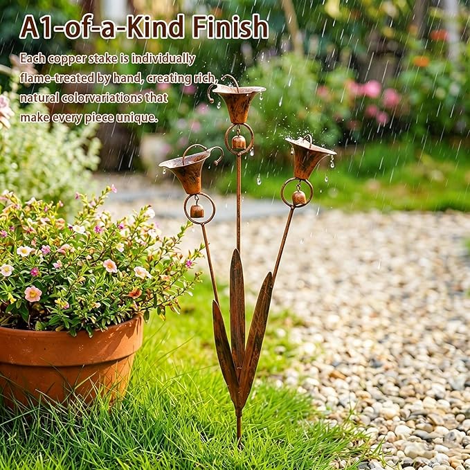 Flamed Copper Calla Lily Garden Stake with 3 Bells - 24" Large Metal Rain Catcher Flower Sculpture, Weather-Resistant Outdoor Yard Art Decor for Patio, Backyard & Gardening Gift (1 pcs)