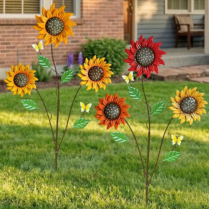 Metal Flowers for Outside, 30-Inch Iron Sunflower Garden Stakes Set of 2, Colorful Metal Yard Art for Outdoor and Garden, Decorative Garden Stakes for Patio & Lawn Decor