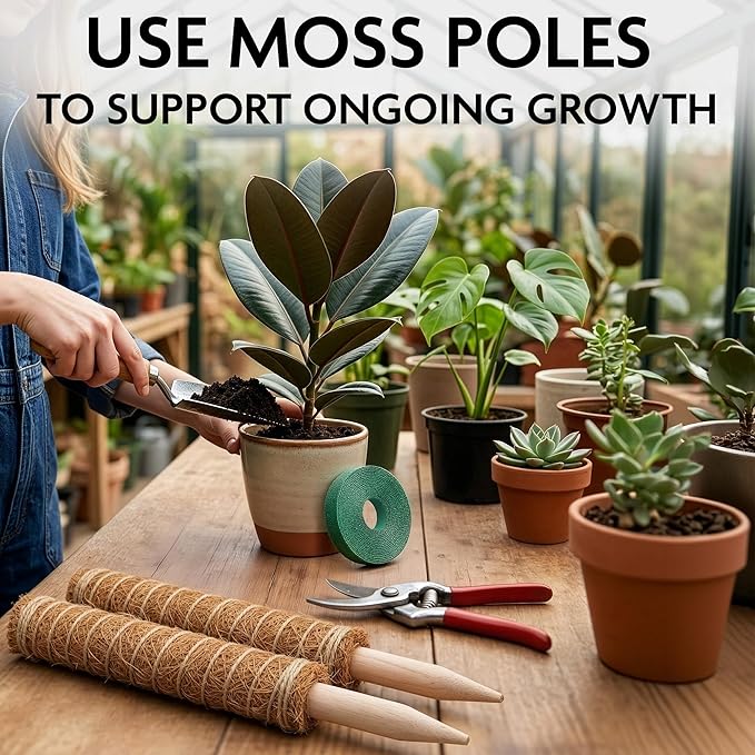 2 Pcs Small Moss Pole Monstera Plant Support Set - 15.75" Pothos Plant Climber Support with Connectable Design, Fixation Strip, Coconut Fiber Moss Poles for Monstera Plants, Money Plants, Philodendron