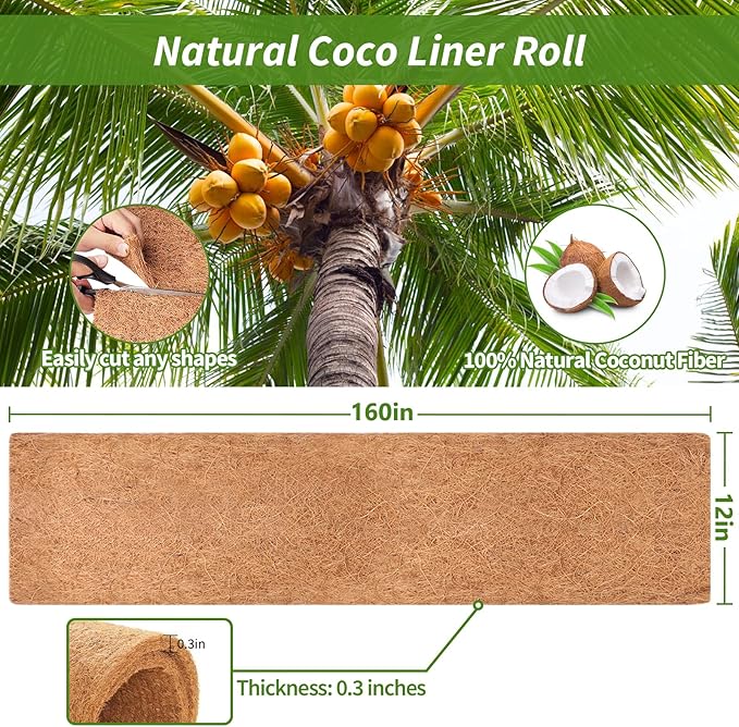 Legigo 12X160 Inch Natural Coco Liner Roll, Coconut Liners for Planter Window Box Hanging Basket, Coconut Coir Roll Coco Fiber Mat for Garden Decoration DIY Moss Poles Pet Pad Reptiles Carpet