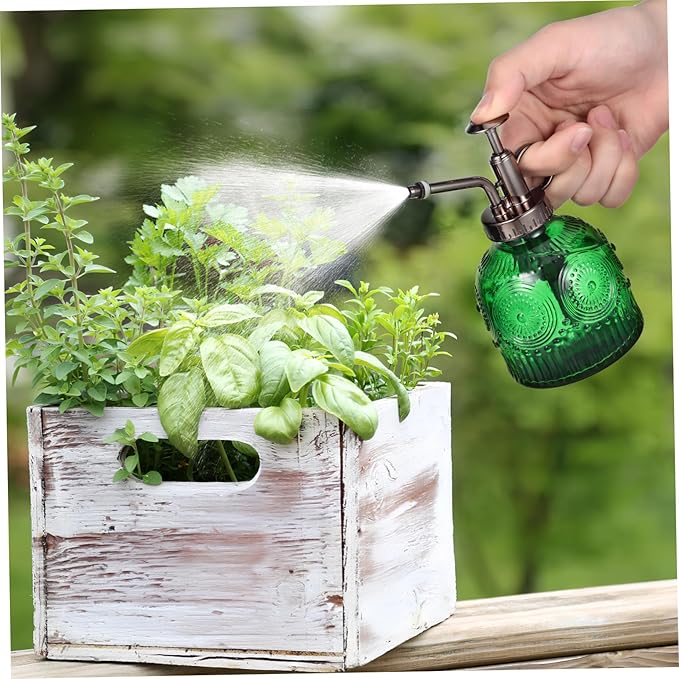 PartyKindom Embossed Glass Spray Water Bottle for Plants Green and Antique Plant Handed Garden Mister with Smooth Consistent Spray Pattern for Indoor and Outdoor Use