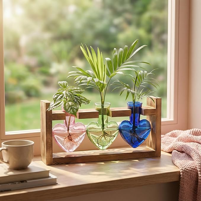 Plant Propagation Station 3Pcs Heart Vase with Wooden Stand Tabletop for Hydroponics Indoor Home Table Decor for Her Plant Lovers Women Mom Wife Daughter (Three Colors)