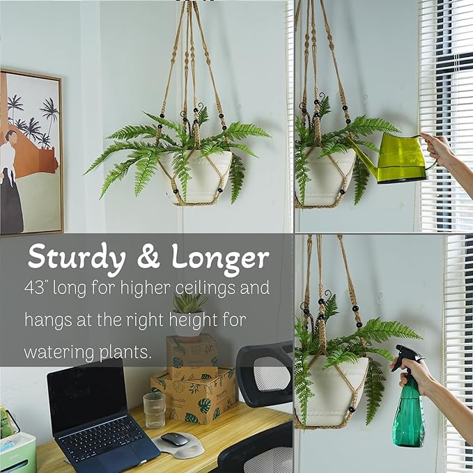 Bouqlife 43 Inches Macrame Plant Hanger Large for 14 inch Pot Extra Long No Tassel Rope Hanging Plant Holder with Ceiling Hook Bohemian Home Décor Brown 1Pack