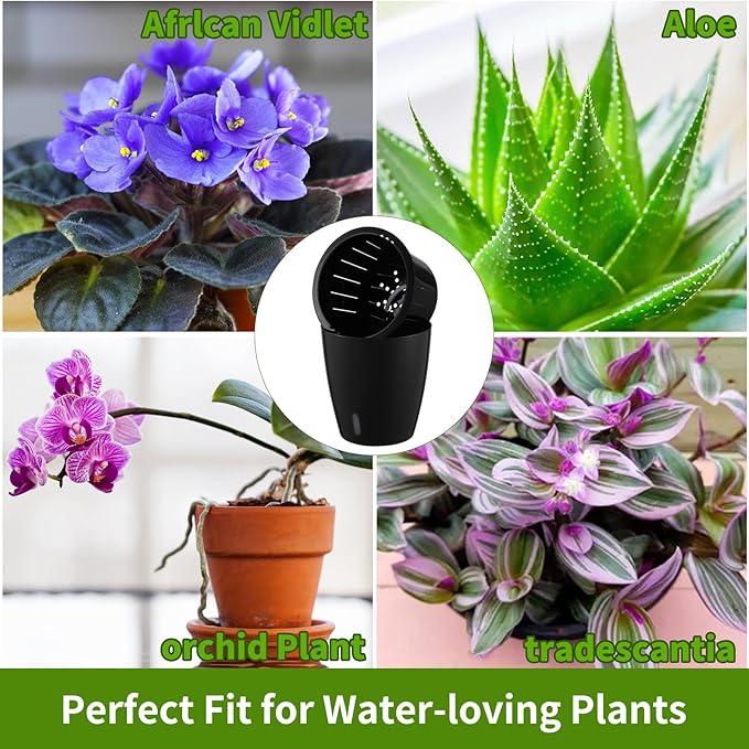 Planterhoma 5 Inch Self Watering Pots for Indoor Plants, 6 Packs African Violet Pots with Indicator, Black Wick Pot with Drainage Holes, Self Watering Planters for Orchid, Devil's Ivy, Black