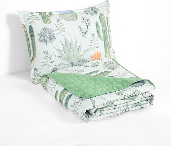 Chezmoi Collection Gregory 2-Piece Southwestern Serene Desert Quilt Set - Green Blue Cactus Succulent Plant Printed Microfiber Lightweight Quilted Bedspread Set, Twin (70" x 90")