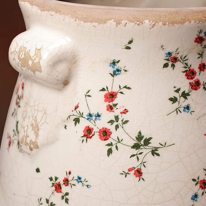 Xiaan Jiaju Ceramic Vases for Centerpieces, Shabby Chic Vase & Flower Pot with Drainage, Country Chic Decor for Office Room Garden Balcony Mantel Fireplace Table & Shelf, Red Floral