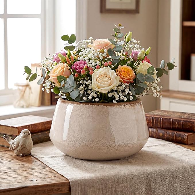 9.8 Inch Large Vintage Ceramic Planter Ice Crack Glaze Gray Peony Flower Pot with Drainage Holes Rustic Country Plant Pots Decorative Gifts for Home Kitchen Office Indoor Outdoor Plants