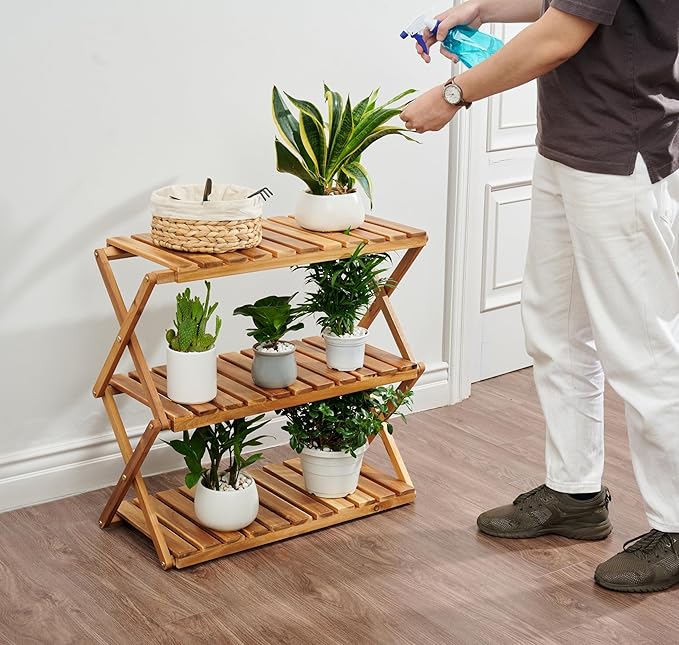 BEEFURNI Acacia Plant Stand Indoor, Wooden Outdoor Plant Stand, Foldable Plant Stand, 3 Tier Conner Space Flower Stand, Plant Ladder Stand (Natural)