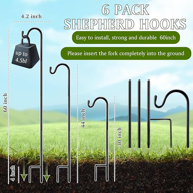 6 Pcs 60 Inch Shepherds Hook for Outdoor Adjustable Bird Feeder Pole Metal Steel Shepard Hooks for Hummingbird Stand Feeder Pole for Garden Plant, Lantern, Hanging Wedding Decor