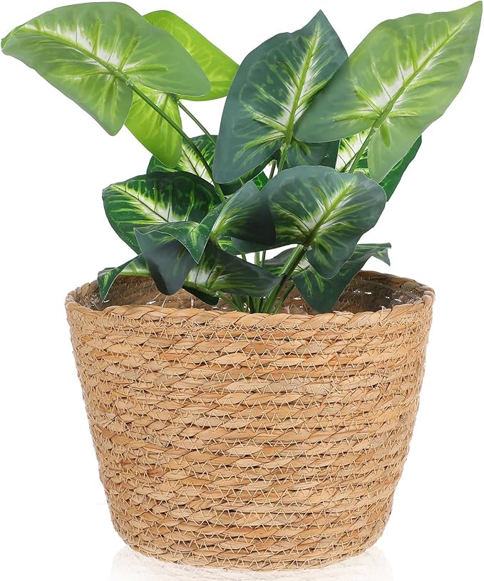 Beavorty Woven Flower Basket Plant Pot with Plastic Liner Indoor Outdoor Decorative Rattan Planter for Small Plants Succulents and Home Garden