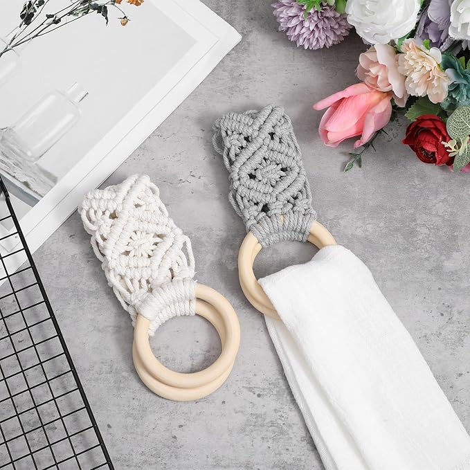 2 Pcs Kitchen Towel Holder, Dish c Hanger with Beech Wood Ring for Hanging Kitchen Towels, Cotton Crochet Dish Towel Holder for Kitchens, Over Cabinet Towels Holders (Grey and Beige)