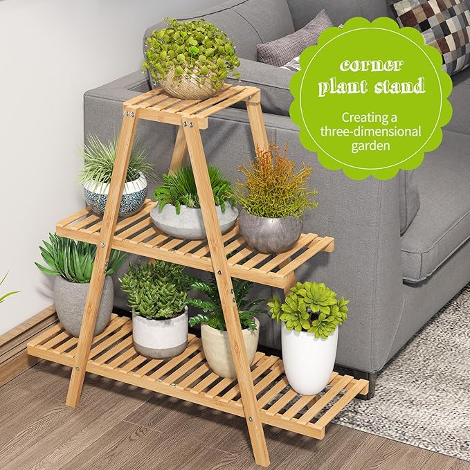 BMOSU Plant Stand Bamboo for Indoor Outdoor Tiered Plant Shelf 8 Potted Flower Holder Ladder Rack Garden Balcony Living Room Patio(3 Tier Natural)