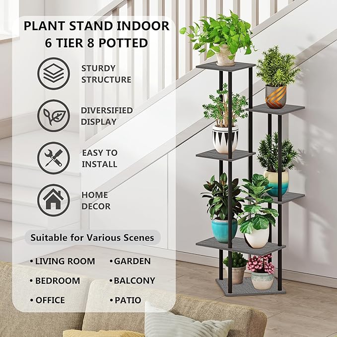 Tall Plant Stand Indoor, 6-Tier Modern Plant Shelf for Multiple Plants, Wood Metal Flower Holder for Living Room Balcony Bedroom, Oak Grey