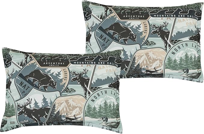 Chezmoi Collection Bishop 2-Piece North Lake Motif Comforter Set - Multicolor Blue Green Brown Black Printed Washed Cabin Lodge Microfiber Bedding, Twin