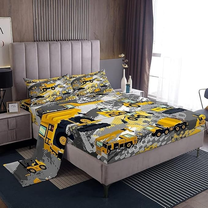 Kids Cartoon Car Bed Sheet Set King Size Boys Construction Vehicles Bedding Set for Teens Children Cartoon Machinery Truck Bed Sheets Set Construction Site Cars Bed Cover 4Pcs, Super Soft,Breathable