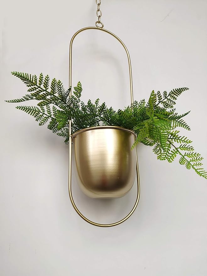 RISEON Boho gold Metal Plant Hanger,Metal Wall and Ceiling Hanging Planter, Modern Planter, Mid Century Flower Pot Plant Holder, Minimalist Planter for Indoor Outdoor Home Decor