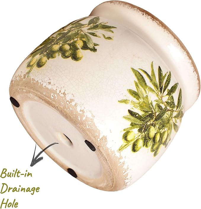 Xiaan Jiaju Mediterranean Ceramic Plant Pots with Olives Branches Pattern, 6 Inch Tuscan Planter for Indoor Plants, Rustic Farmhouse Home Kitchen Decor, Tuscan Vase for Centerpiece, Olive Green