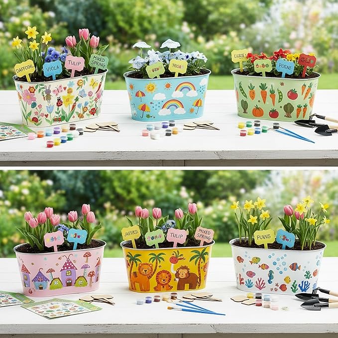 6 Sets Flower Pot Painting Kit DIY 6 Large Spring Metal Iron Plant Pots with Acrylic Paint Stickers Brushes Plant Labels Gardening Tools Kit for Planting Crafts Spring Birthday Easter Gift