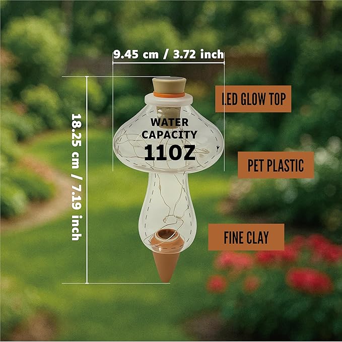 11oz Plant Self Watering Globes Top Fill, LED Night Light Mushroom Plastic Water Bulbs, Automatic Plant Waterer for Indoor Outdoor Houseplants, Slow Release Planter Insert, 2 Pack