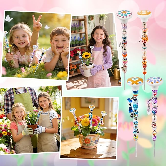 178 Pcs Beaded Garden Stakes Decorative DIY Fairy Wands Kit for Garden with 6 Colorful Cartoon Stopper Top 120 Assortment Round Large Hole Bead for Outdoor Decor