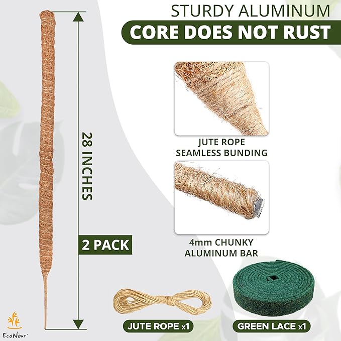 EcoNour 2 Pack Moss Poles for Plants – 28" Monstera Plant Support Stakes, Coir Plant Sticks for Indoor Climbing Plants, Pothos, Philodendron & Houseplants