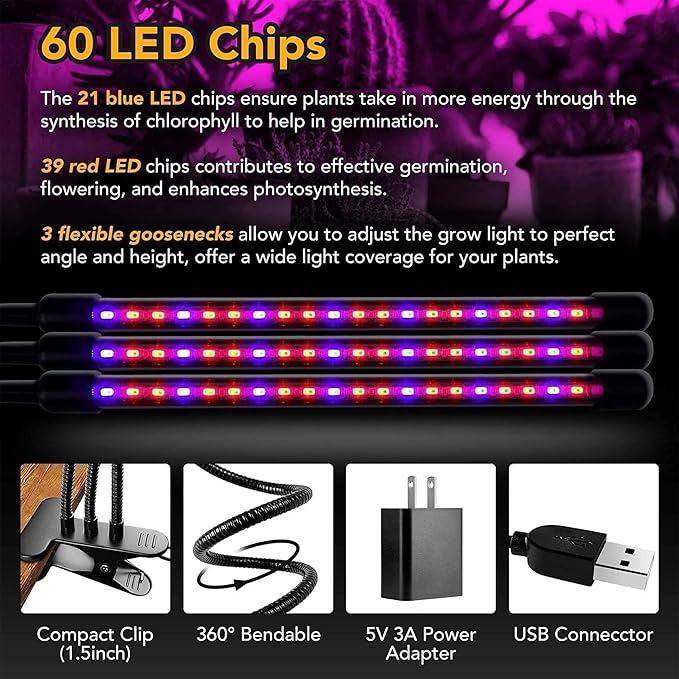 iPower 3 Heads Red&Blue Spectrum LED Grow Light with Adjustable Gooseneck, Auto ON & Off Timer and Multi-Dimmable Levels