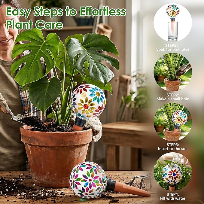 Terracotta Watering Spikes Mosaic Watering Globes for Outdoor Plants 2 Pack Automatic Plant Waterer Watering Devices Water Bulbs