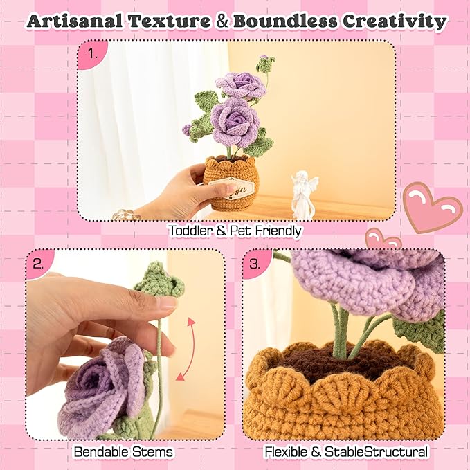 Crochet Flowers with Personalized Leather Name Tag Handmade Knitted Flowers for Home Office Desk Decor Crochet Rose Flower Potted Plant Crochet Gift for Women,Mom,Teacher, Birthday(Purple)
