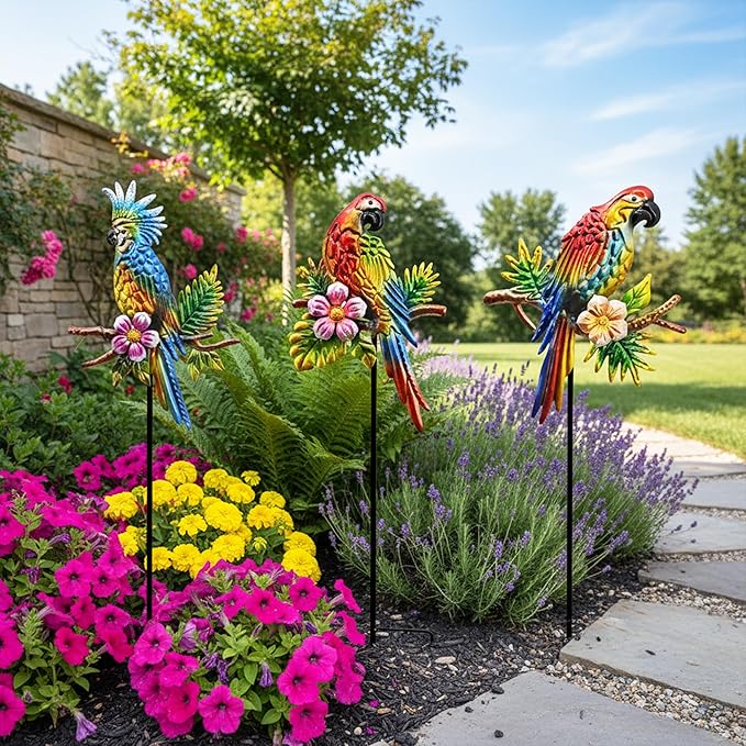 Tropical Parrot Garden Stakes, Metal Outdoor Decorative Lawn Ornaments with Flowers, 3 Pack Colorful Bird Yard Art Decor