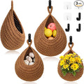 Boho Decor Hanging Fruit Baskets for Kitchen - 3 Pack Wall Hanging Basket with 6 Pcs Strong Hooks, Handwoven Hanging Holder Teardrop Produce Basket for Fruits Vegetable Potato Onion Storage (Linen)